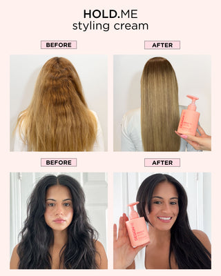 Models before and after uses DESIGNME HOLD.ME Styling Cream leaving a shinning, smooth, polished non-greasy finish.