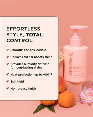 Image of the HOLD.ME Styling Cream bottle with pump and key features and benefits