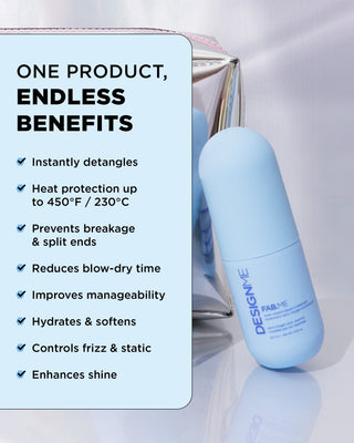 FAB.ME multi-vitamin leave-in treatment instantly detangles, heat protection up to 450°F / 230°C, reduces blowdry time, hydrates and softens, controls frizz and static.