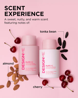 PUFF.ME shampoo and conditioner is a sweet, nutty and warm scent featuring notes of tonka bean, almond and cherry.