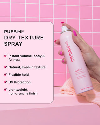 Full-size PUFF.ME Volumizing Mousse with a list of key benefits: instant volume, body, fullness, flexible hold.