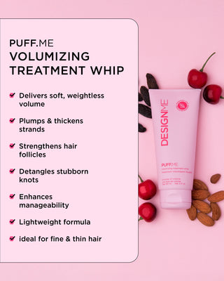 Travel-size PUFF.ME Volumizing Treatment Whip with benefits: soft, weightless volume, thickens strands, strengthens follicles, ideal for fine hair.