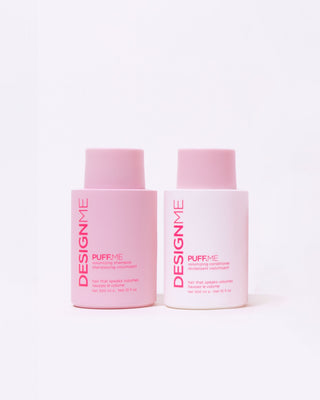 Front view of PUFF.ME Volumizing Shampoo & Conditioner (300 ml) in pink and white bottles from the Volumizing Wash Day Bundle.