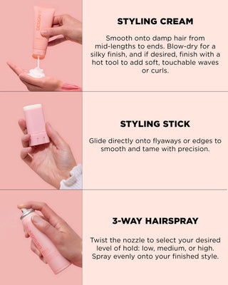 3 steps using the products in WAITFOR.ME Kit in order: HOLD.ME styling cream, HOLD.ME styling stick, HOLD.ME 3-way hairspray.