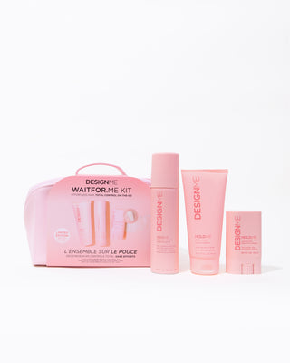 DESIGNME WAITFOR.ME Kit features HOLD.ME 3-way hairspray, HOLD.ME styling cream & HOLD.ME styling stick sits on a grey background.