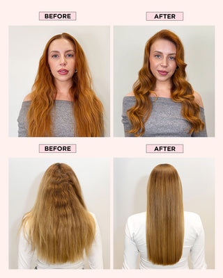 Model with frizzy, dull hair on the left, and model with sleek, smooth hair on the right.