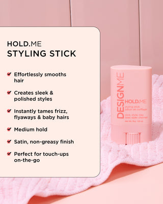 HOLD.ME styling stick effortlessly smooths hair, tames frizz & flyaways, making it perfect for touch-ups on-the-go.